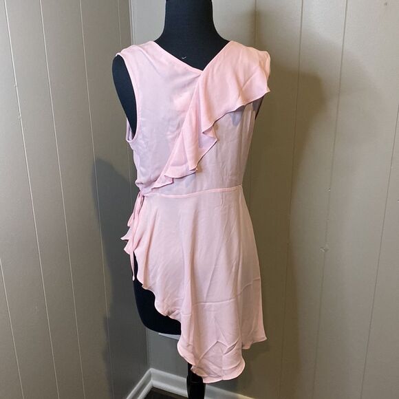 NWT BCBGMaxazria Small Tunic Top Asymmetrical Wrap Sheer Pink Ruffle - Picture 6 of 8